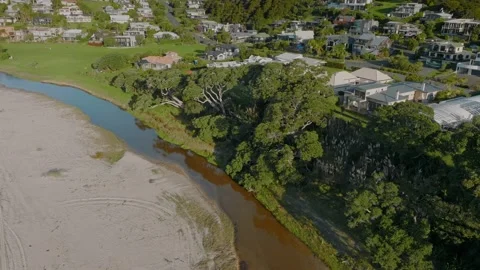 Aerial view of Langs beach, New Zealand Видео 190624863