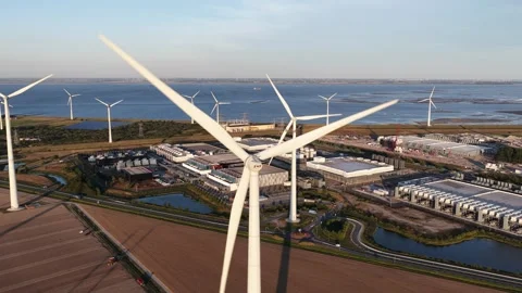 Aerial View of Large AI Data Center in Eemshaven, Netherlands Stock Footage 344753588