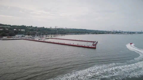 Aerial view of a large boat that is ridden by many people. Water activities Video stock 204976249