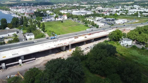 Aerial view of large bridge construction site Schiersteiner Bruecke - A643 Видео 156865931