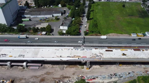 Aerial view of large bridge construction site Schiersteiner Bruecke - A643 Stockbeeldmateriaal 156866245