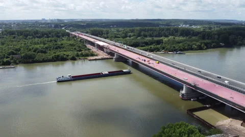 Aerial view of large bridge construction site Schiersteiner Bruecke - A643 Stock Footage 156866862