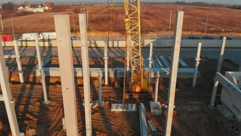 Aerial view of large cement construction site of building new eco-friendly Stock Footage 163225516