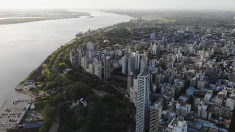 Aerial View Of The Large City Central District By The River (Rosario, Argentina) Stock Footage 191586103