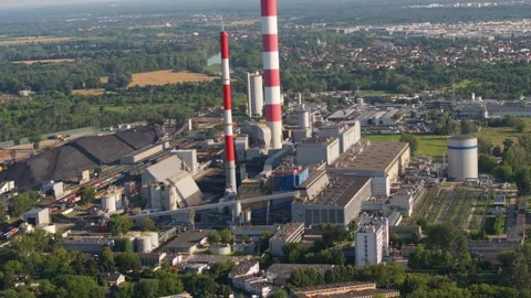 Aerial view of a large coal fired power plant and chimneys Stock Footage 344879383