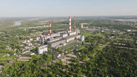 Aerial view of a large coal fired power plant Stock Footage 344879456