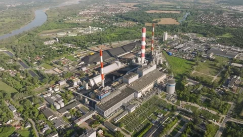 Aerial view of a large coal fired power plant in operation Stock Footage 344879515