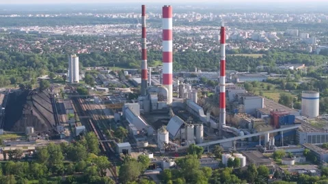 Aerial view of a large coal fired power plant Stock Footage 344879803