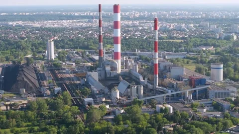 Aerial view of a large coal fired power plant Stock Footage 344879810