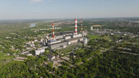 Aerial view of a large coal fired power plant Stock Footage 345685868