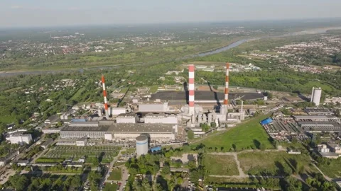 Aerial view of a large coal fired power plant Stock Footage 345685885