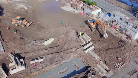Aerial view of large construction site with several earthmover machines. Stock Footage 171127845