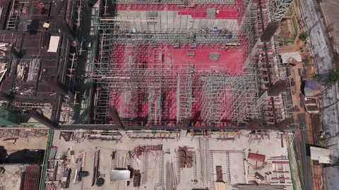 Aerial View of Large Construction Site with Cranes and Steel Stock Footage 344088999