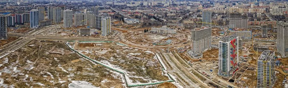Aerial view of large construction site. Building new apartment blocks in resi Stock Photos