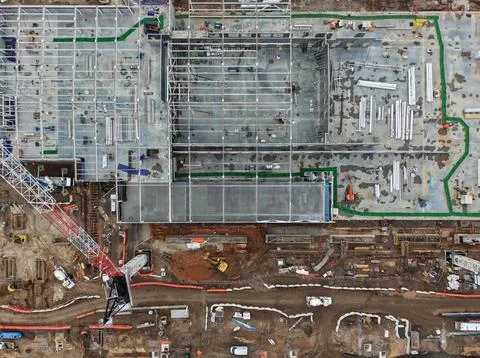 Aerial view of large construction site developing infrastructure Stock Photos
