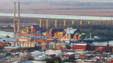 Aerial view of large container ship in Savannah, old historical city in Georgia Vidéo 292947197