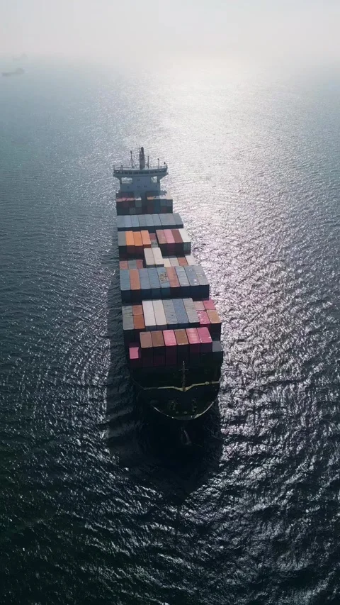 Aerial view of a large container ship in the open sea at sunset Stock Footage 333554463