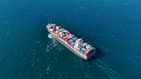 Aerial View Of Large Container Ship Transporting Cargo In Blue Ocean Stock Footage 347652158