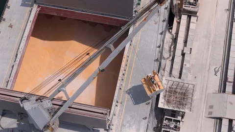 Aerial view of a large crane loading agricultural commodities into a bulk Stock Footage 345525136