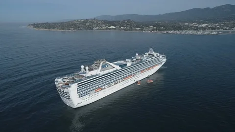 Aerial view  of a large cruised ship anchored off shore Stock-Footage 88918662