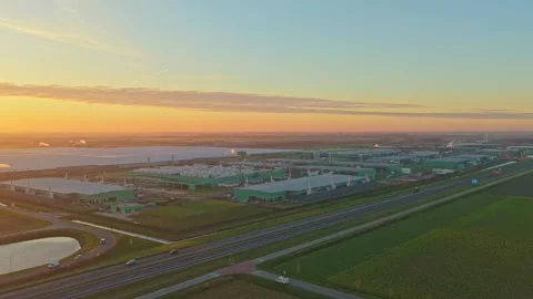 Aerial view of a large data center complex in the netherlands at sunrise Stock-Footage 332680830