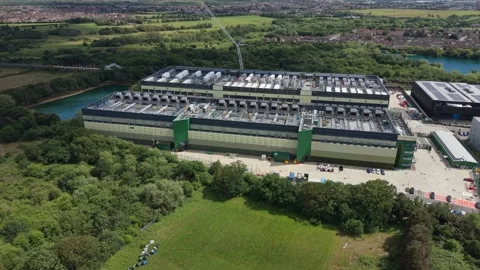 Aerial view of a large data center facility in London, United Kingdom. Stock Footage 337177903