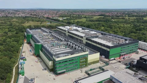 Aerial view of a large data center facility in London, United Kingdom. Stock Footage 337866094