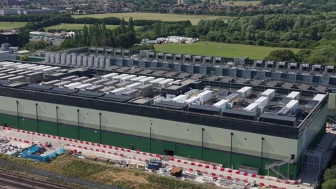 Aerial view of a large data center facility in London, United Kingdom. Stock Footage 337981944