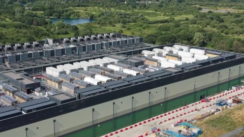 Aerial view of a large data center facility, United Kingdom. Stock Footage 337981974