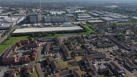 Aerial View of Large Data Center Construction Beside Neighborhood Stock Footage 338012071