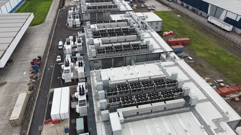 Aerial view of a large data center and its cooling system Stock Footage 340381799