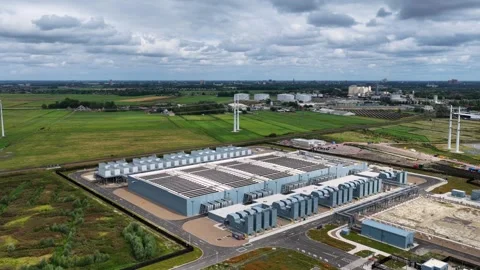 Aerial view of a large data center in Groningen, the Netherlands Video stock 345054413