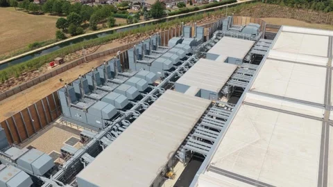 Aerial View of a Large Data Center Facility Showing Industrial Cooling Systems Stock Footage 345681805
