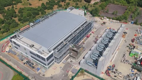 Aerial View of a Large Data Center Facility Under Construction During a Bright Stock Footage 345682011
