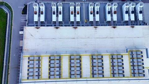 Aerial view of a large data center rooftop with cooling systems in Ohio Stock Footage 346147666