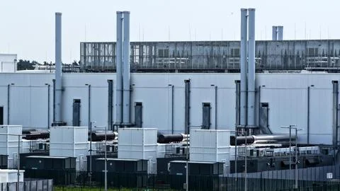 Aerial View of Large Data Center with Tall Exhaust Chimneys Fotos Stock