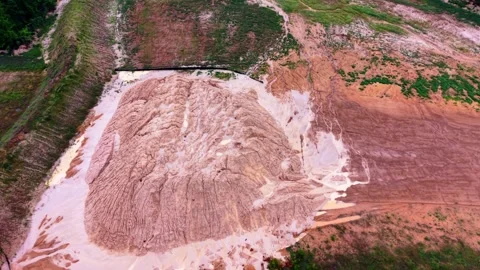 Aerial view of a large dirt and sand stockpile. Video stock 334325894