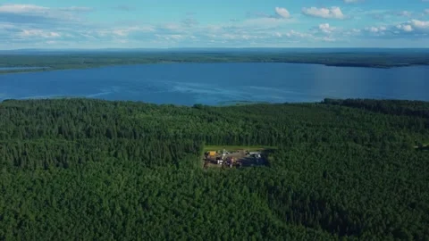 Aerial View of Large Drilling Rig Near South Wabasca Lake Stock Footage 342022820