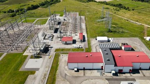 Aerial view of large electrical substation supplying AI data center Stock Photos
