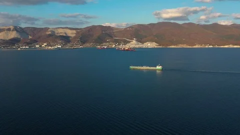 Aerial view of the large empty container ship sailing in sea to loading port Stock Footage 118058158