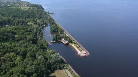 Aerial view. A large exotic ship is located near the shore. Kiev, Mezhyhirya. Stock Footage 132514359