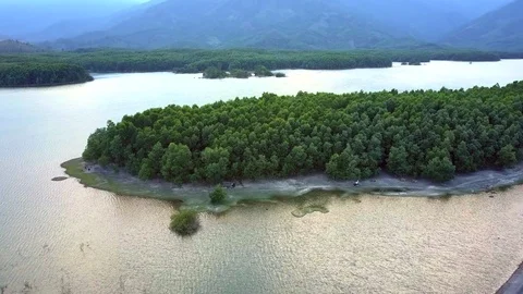 Aerial view large forest between lakes against hills Stock Footage 100420260