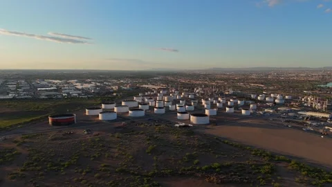 Aerial View of Large Fuel Storage Tank Farm and Refinery Equipment Stock Footage 334950618