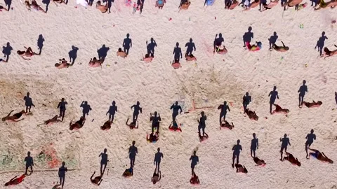 Aerial view of a large group of young people dancing on the beach. Black Sea Stock Footage 133659503