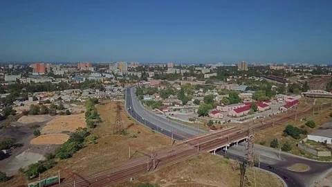 Aerial view of a large industrial area of the city. In the frame the railway Stock-Footage 80893591