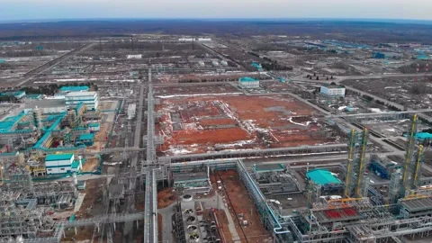 Aerial view of a large industrial complex for deep processing of oil and gas in Stock Footage 201120885