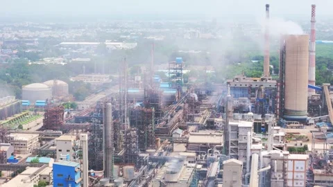 Aerial View Large Industrial Complex with Smokestacks Stock Footage 313276157