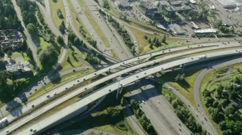 Aerial View of Large, Interstate Overpass at Highway Junction Stock Footage 11341244