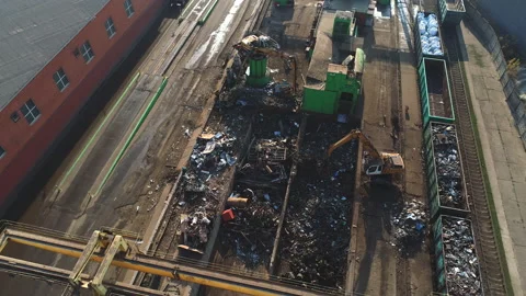 Aerial view on Large lifting crane with manipulator. A wagon on railroad. Stock Footage 99502334