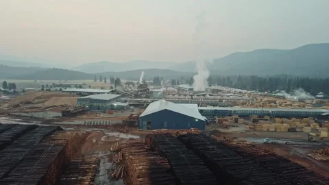 Aerial view of a large lumber mill emitting steam Vidéo 332959738